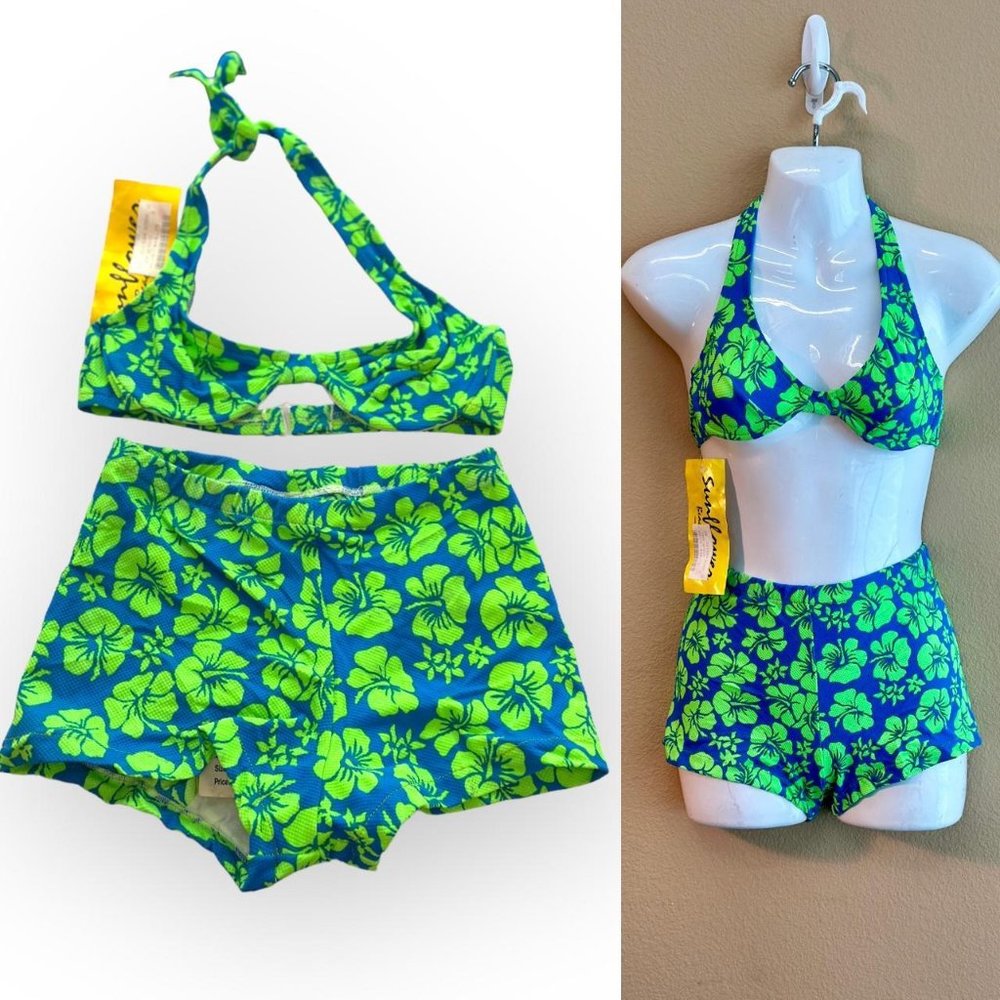 Vintage 90s Y2K Blue Lime Green Hawaiian Tropical Hibiscus Floral Bikini Set